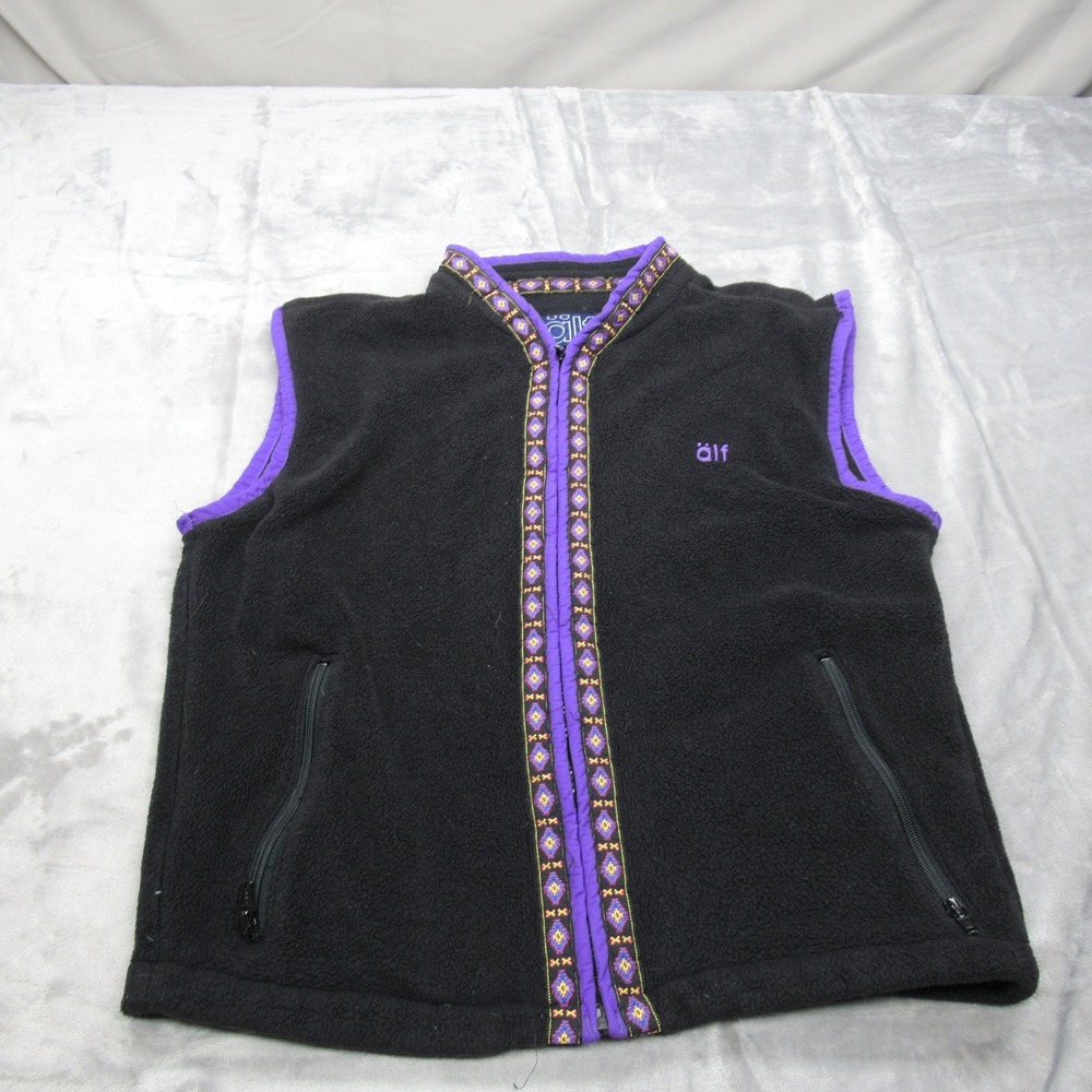 Alf Kuhl Fleece Vest Women Medium Black Aztec Trim Full Zip Hiking RARE VTG 80s?